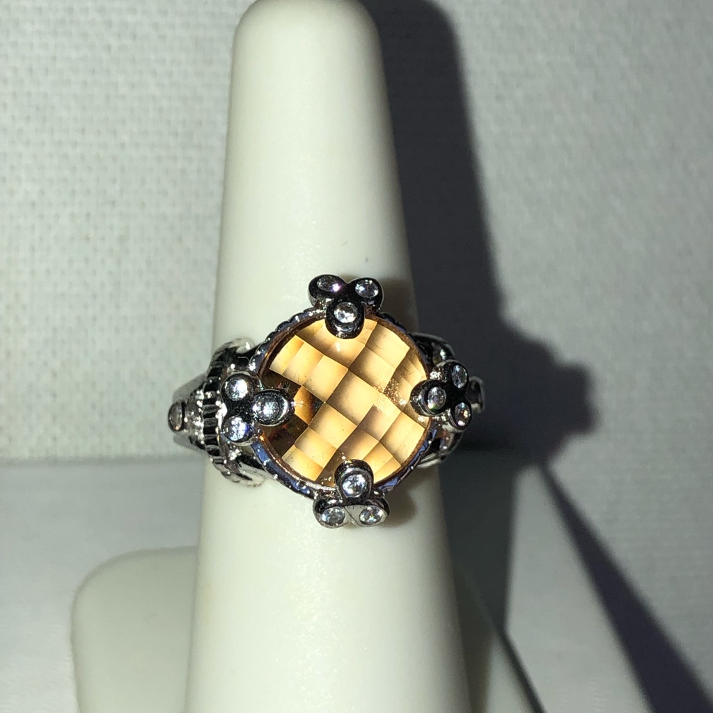 Amber Checkerboard Faceted Face Crystals In Sterling Ring 29$